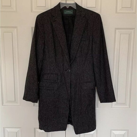 Lauren Ralph Lauren Womens 10 Single Breasted Long Jacket Black Gray Wool Tweed - Picture 1 of 15